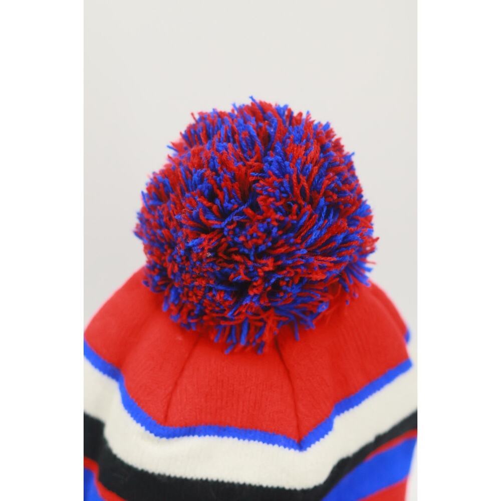New League Haiti Beanie Hat Winter Knit Pom Pom Cap Fleece Lined Red Blue Stripe - Picture 3 of 5